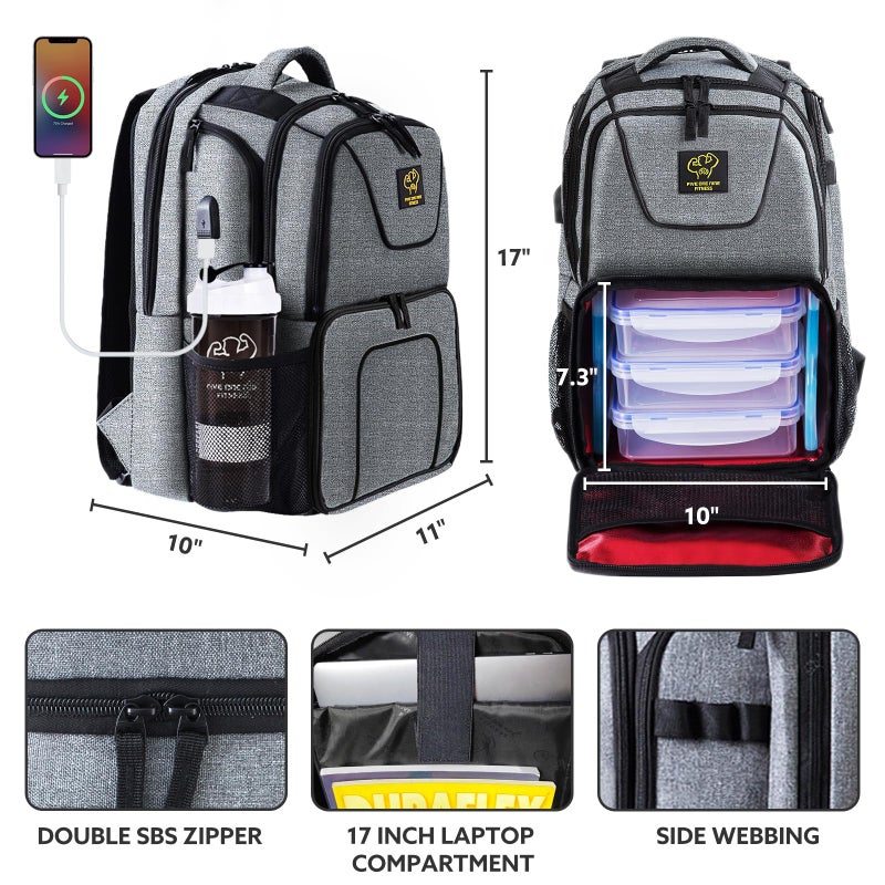 50 FIVE ONE NINE 519 Fitness Meal Prep Backpack,Insulated Cooler Lunch Backpack with Computer Compartment,Hiking Picnic Cooler Rucksack for Men and Women,3 Meal Containers,2 Ice Packs and Protein Shaker(Grey) - Image 2